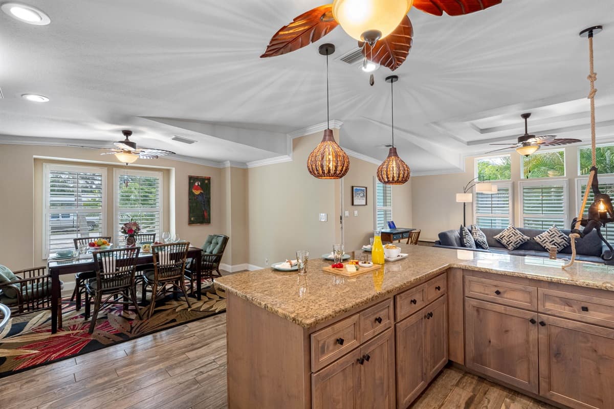 The kitchen opens beautifully into the dining area, making it ideal for shared meals and entertaining.