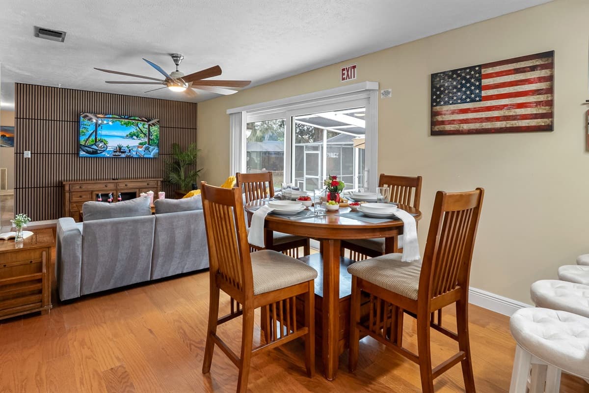 Gather together in this warm and welcoming dining area, perfect for shared meals and conversations.