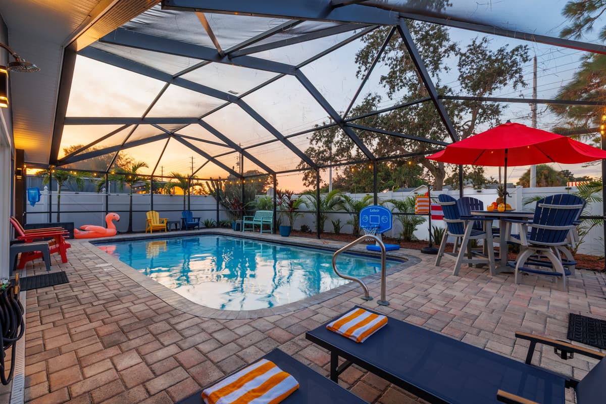 Twilight at the screened-in pool.