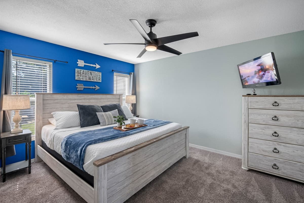 Drift off in this coastal-inspired king bedroom, designed for pure relaxation and comfort.