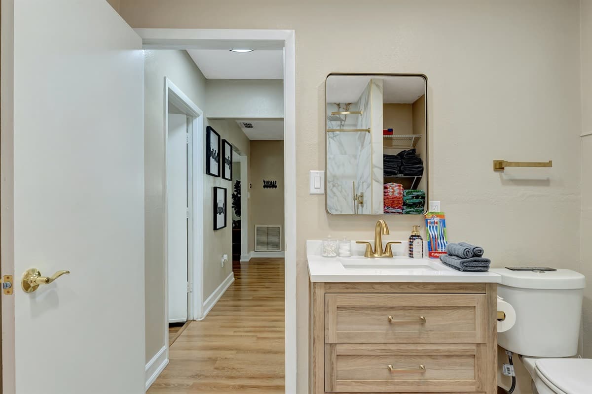 Elevate your stay with a touch of grandeur in our sumptuous bathroom oasis.