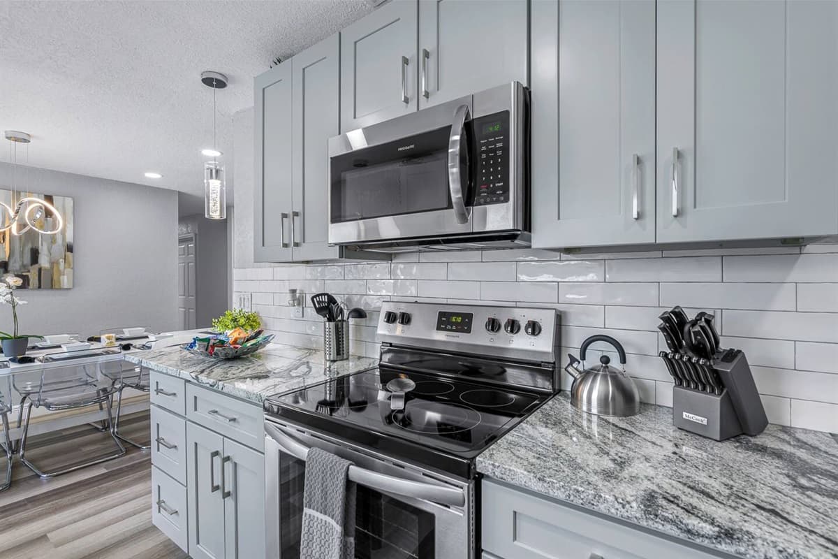 Our fully equipped kitchen has more than enough storage for whatever you need!