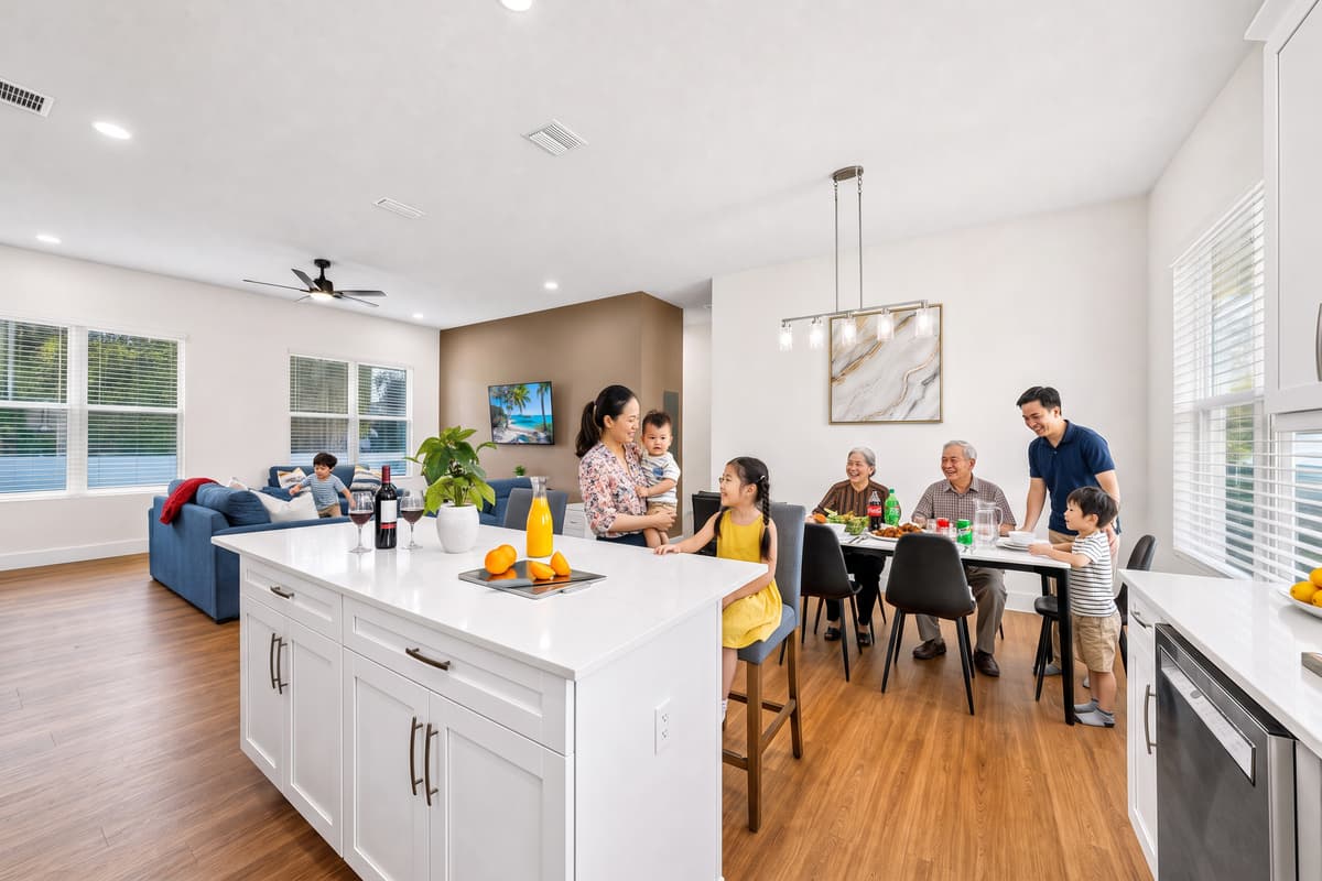 Open-concept kitchen, dining, and living all in one, cook, eat, and hang out without anyone leaving the room.