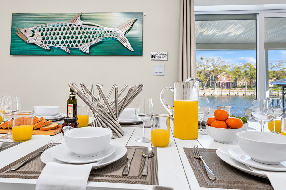 Enjoy waterfront views while dining indoors with easy access to the outdoor patio.