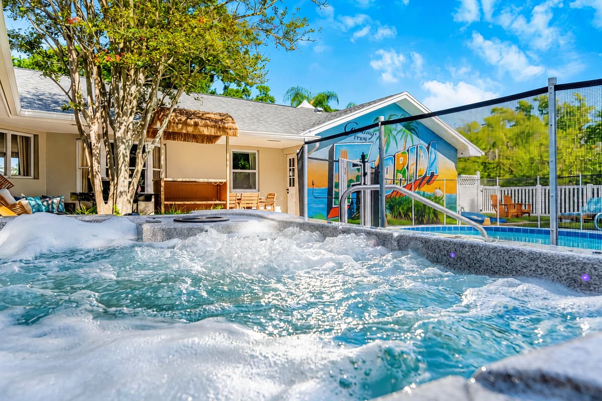 Jets already running, water already warm. The tub is the first thing that works when you arrive.