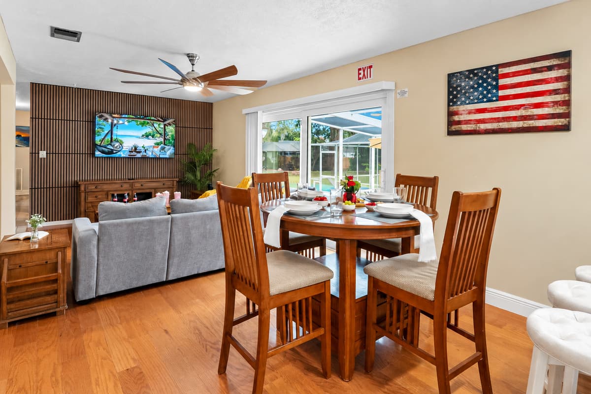 Gather together in this warm and welcoming dining area, perfect for shared meals and conversations.