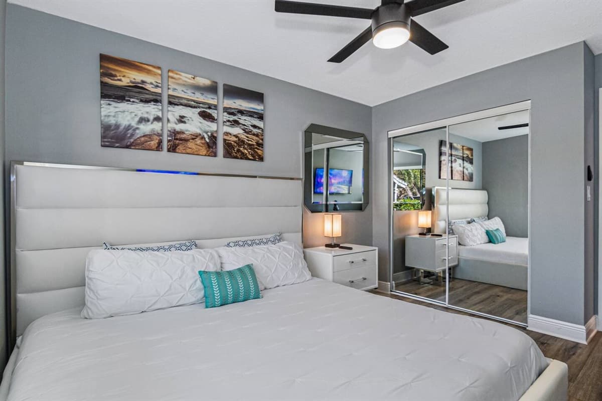 Have a great sleep and feel comfortable in your home while away from home! This elegant bedroom has a king sized bed, full mirror closet and its own TV! If you have any questions regarding this property, send us a message now!
