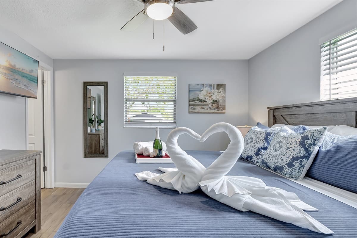 A king-size bed commands the center stage.