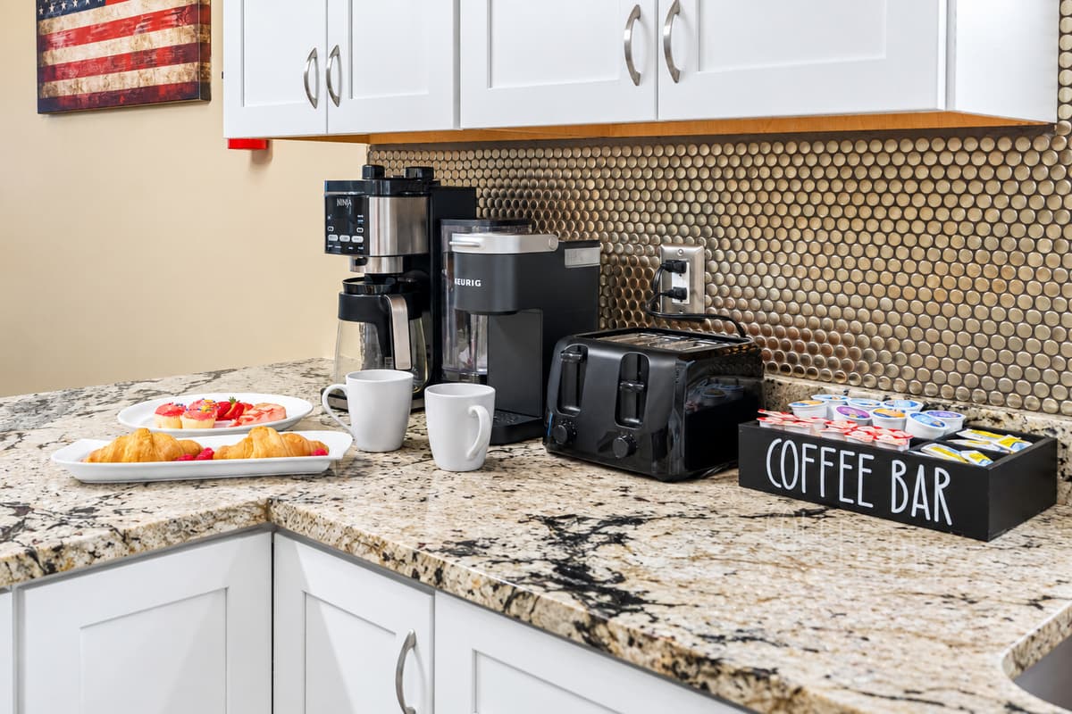 Start your mornings right at the dedicated coffee station, complete with coffee maker and toaster.