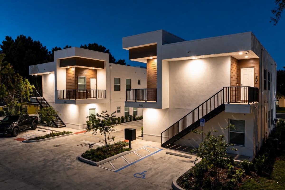 Brand-new, built in 2025, and it shows. At dusk the modern facade glows warm against the evening sky. Your 2nd-floor home sits in a boutique modern duplex with smart-lock entry and free parking for up to 3 cars.