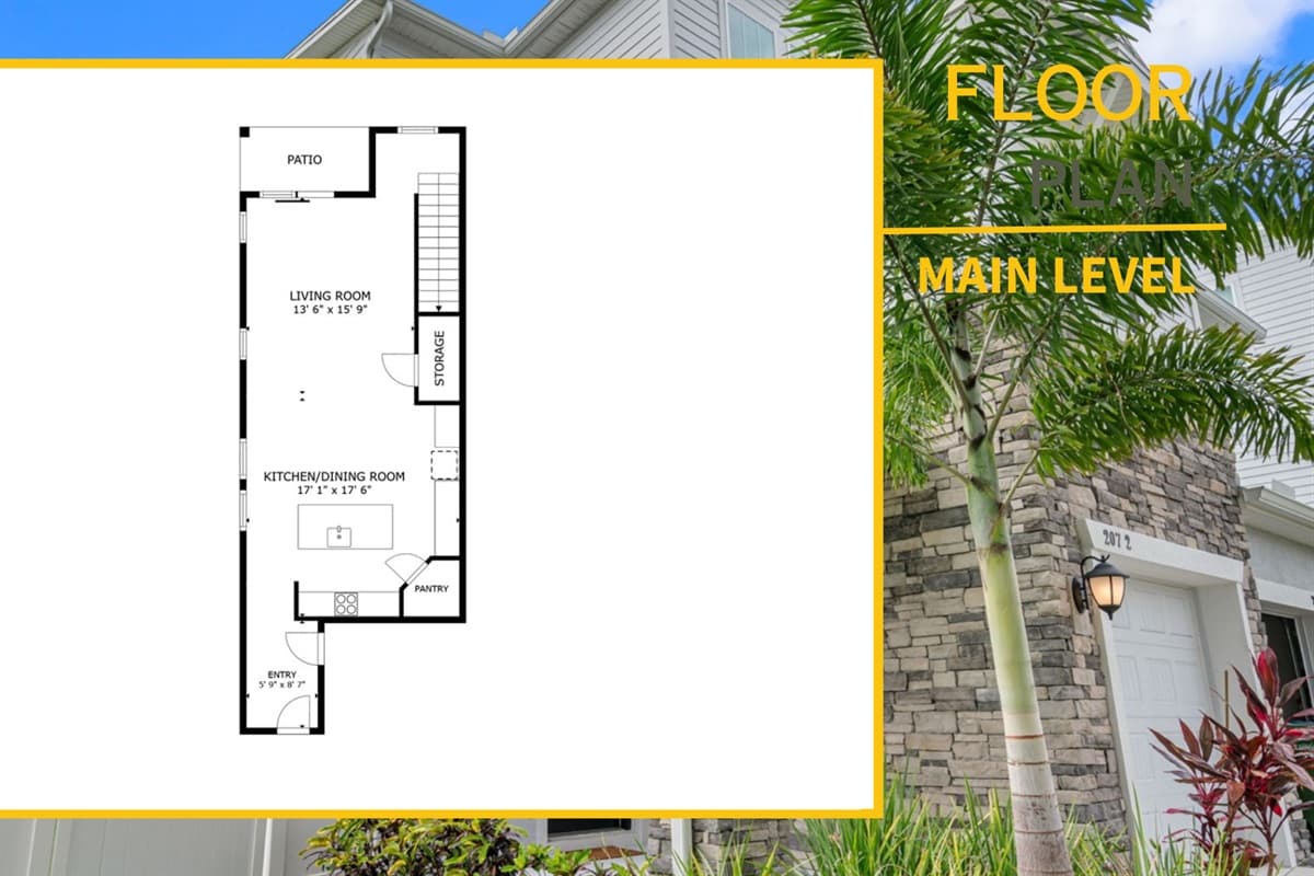 Floor #1: Features a seamless flow between the living room, kitchen/dining area, and the patio, creating an inviting space for relaxation and entertaining.