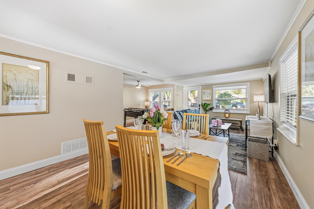 Dining area with open connection to the living space—perfect for group meals.