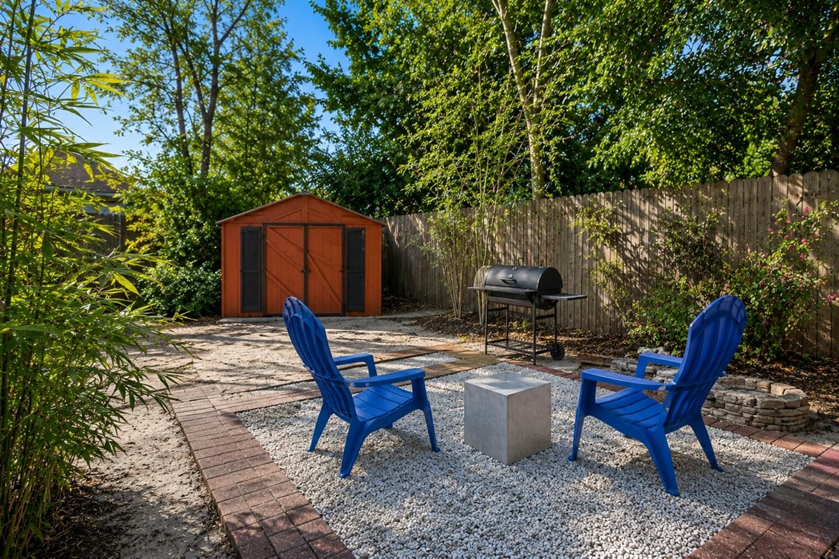 Charming outdoor lounge space with blue Adirondack chairs, a gravel patio, and lush greenery for added privacy.