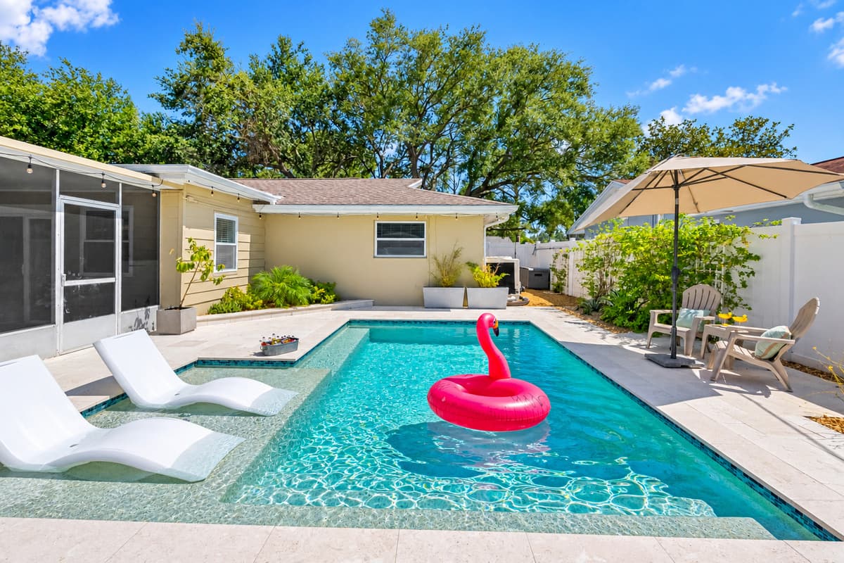 Whether you’re cooling off in the water or dining beneath the fan, this space is designed for maximum comfort.