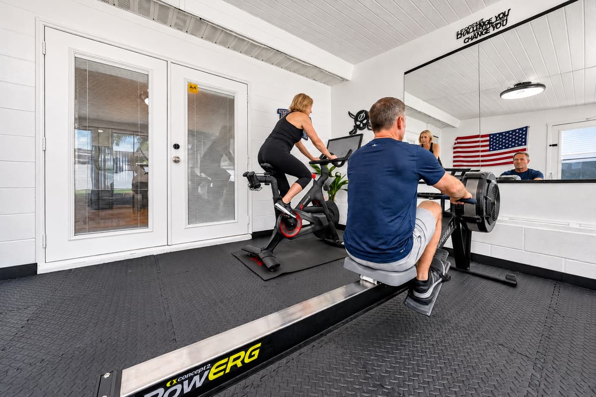 Stay active during your stay with the private home gym, complete with a rowing machine, stationary bike, bench press, and free weights.