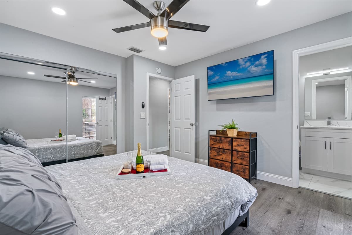 Want your own space during this trip? This room has a king-size bed, its own bathroom, cabinets, and its own TV. Who wouldn't want a comfortable room to rest in after a long day?