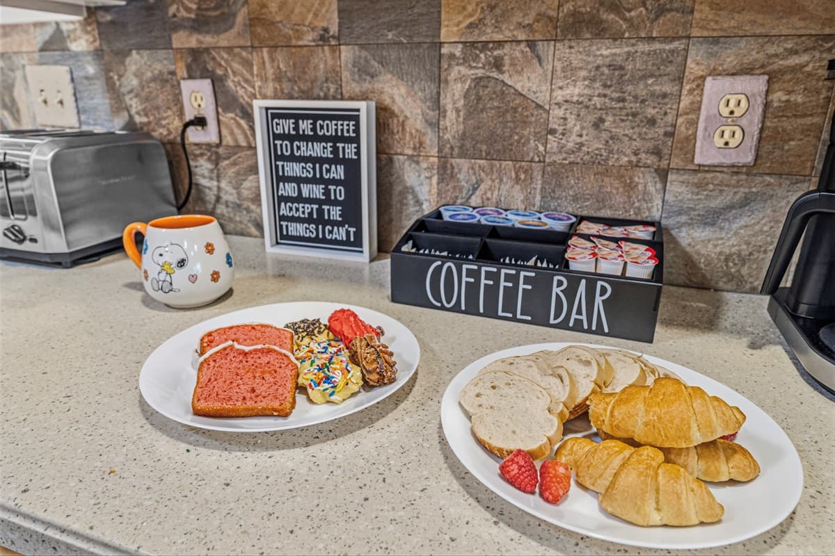 Cozy coffee station setup—perfect for starting your morning ☕
Food and drinks shown are for staging purposes only and are not included.