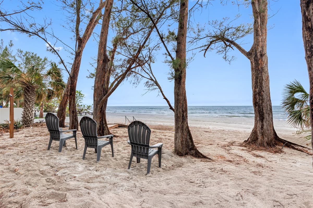 For your convenience and comfort, the beach area is equipped with comfortable lounge chairs, perfect for relaxing and soaking up the sun.
