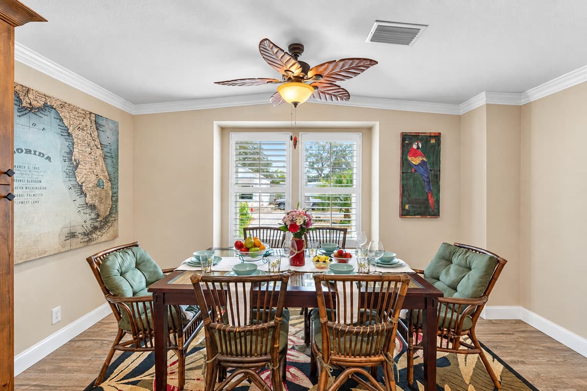 The dining table comfortably seats eight, making it ideal for shared breakfasts, dinners, and celebrations.