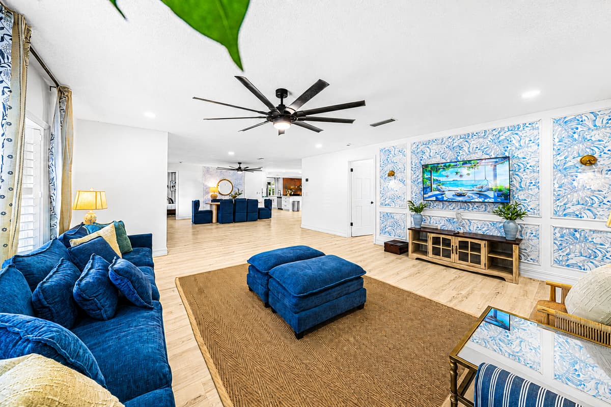 Big screen, deep sectional, ottoman for your feet. Movie night doesn't require anyone to sit on the floor.