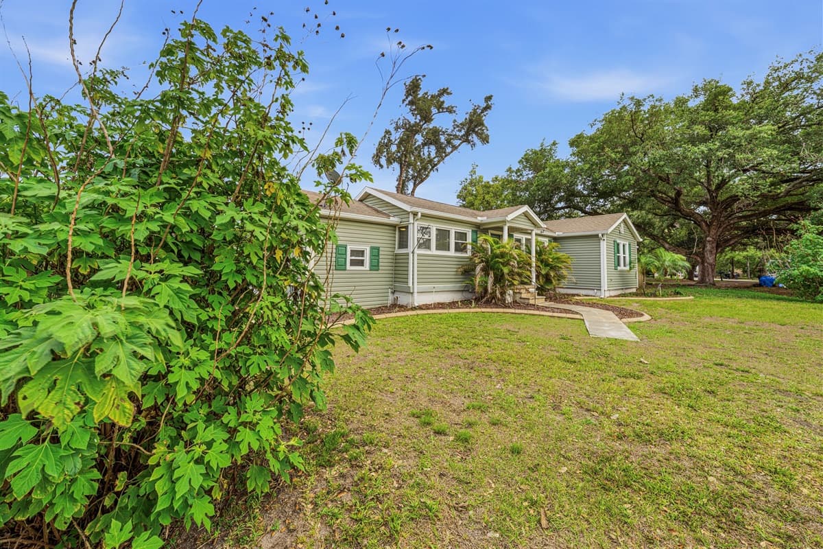 Spacious front yard with mature trees and open green space, creating a peaceful and welcoming setting.