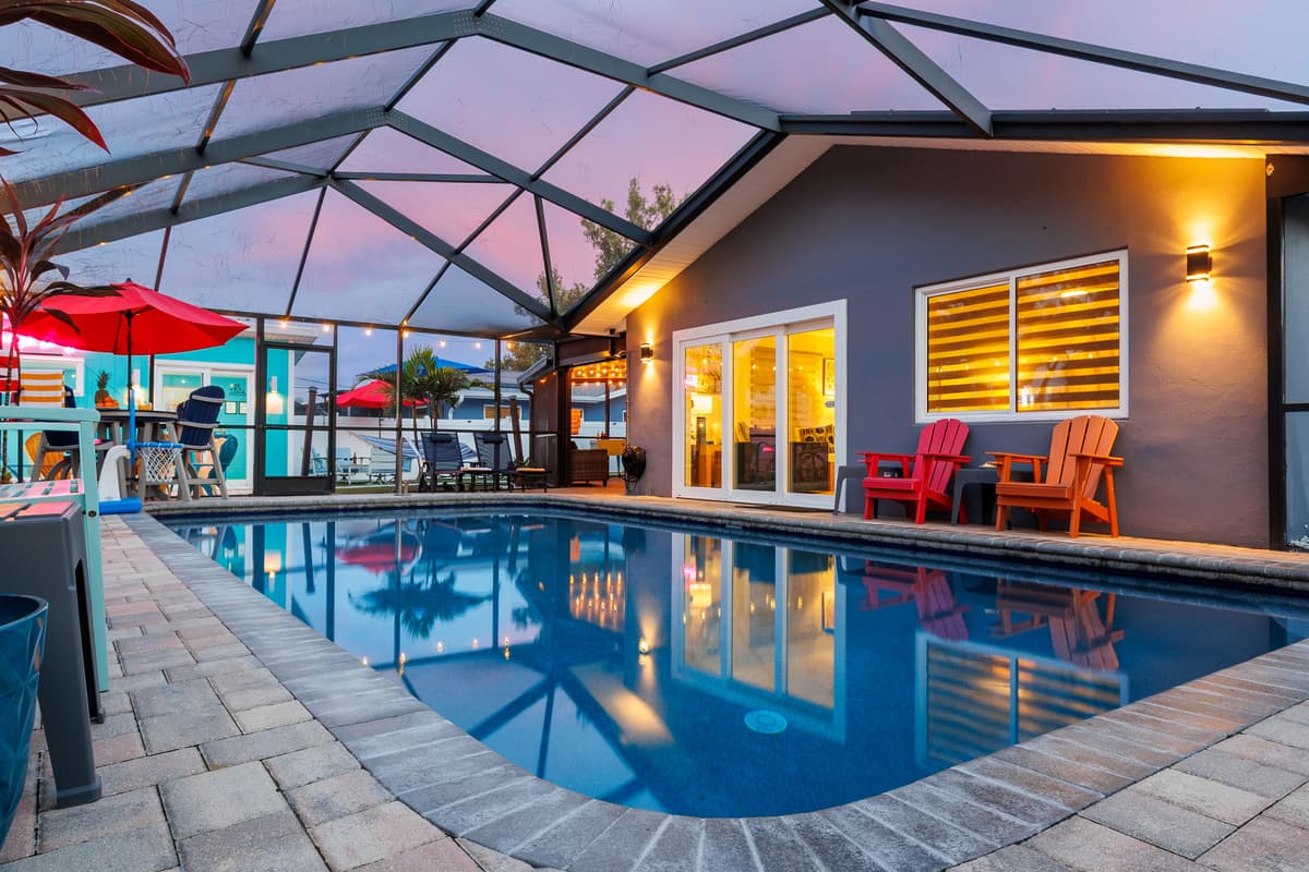 Twilight at the screened-in pool.