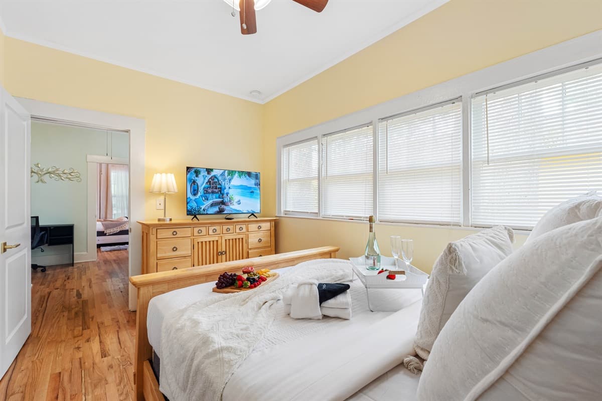 The calming, neutral tones throughout the room contribute to the peaceful atmosphere.