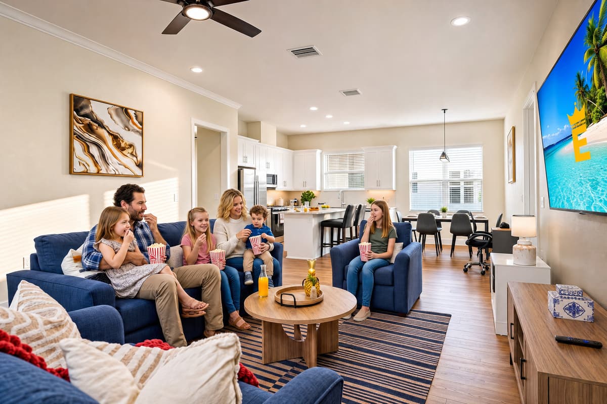 Movie night without anyone leaving the room, sofas, armchair, and a wall-mounted smart TV.