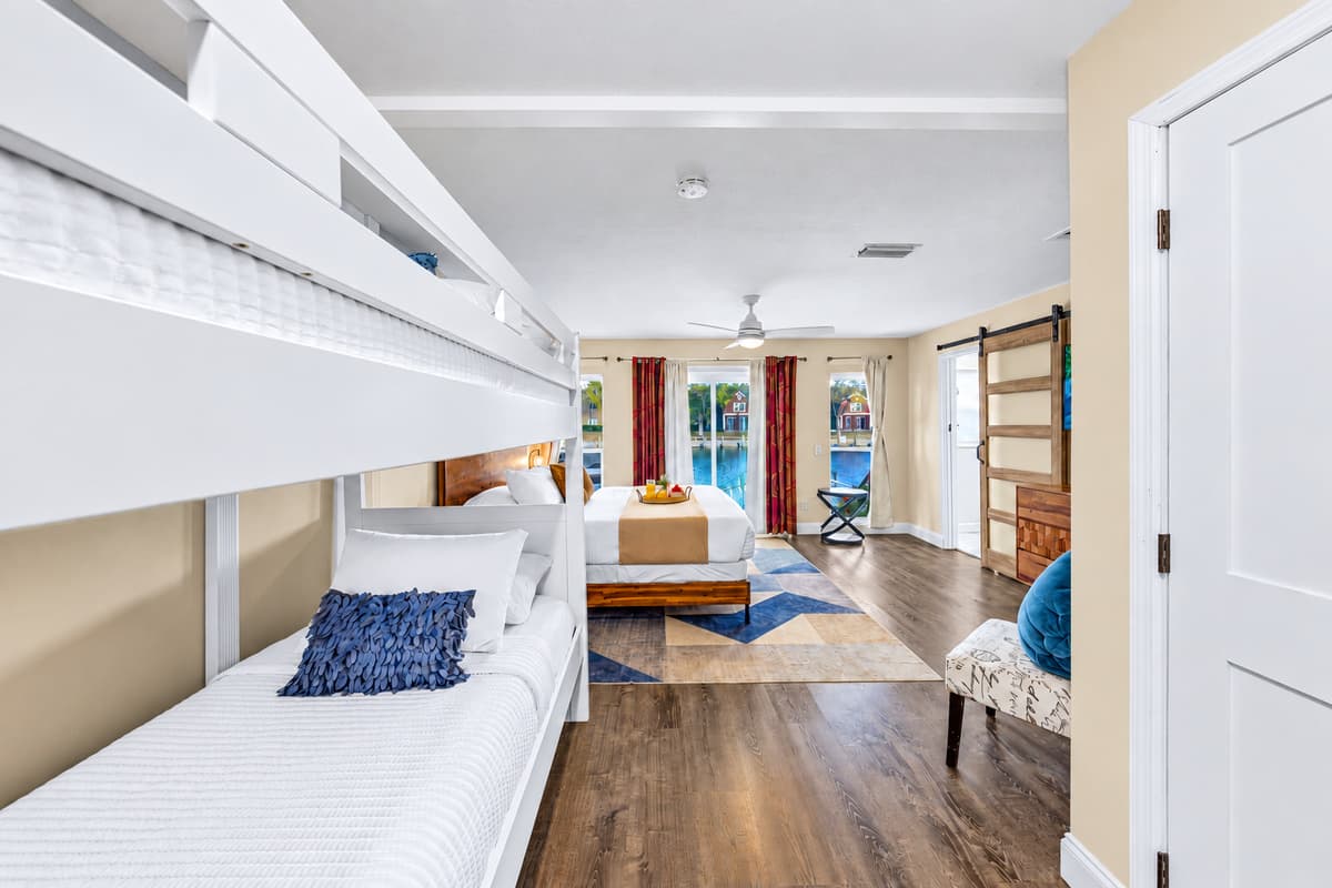 Twin-over-twin bunk beds provide additional sleeping space for children or extra guests.