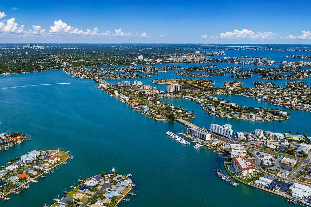 Scenic aerial view of the beautiful white-sand beach and crystal-clear Gulf waters.