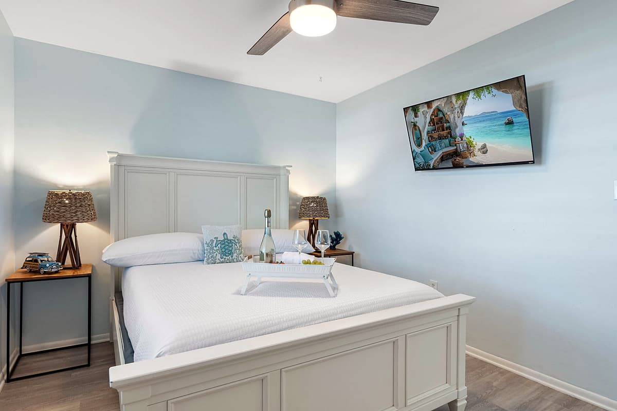 The room’s relaxing color palette, combined with tasteful décor, creates a soothing ambiance that makes it easy to unwind after a long day.