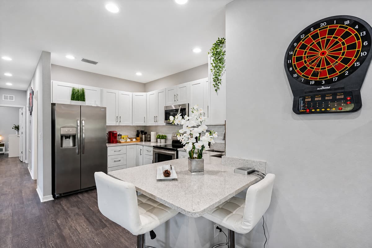 Cozy Kitchen. All our appliances are stainless steel and white cabinets. If you are interested in this property, send us an inquiry!