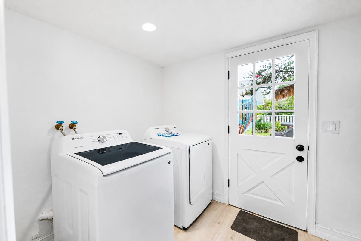 Full-size washer and dryer inside the house. Pack half as much, come home with clean clothes.
