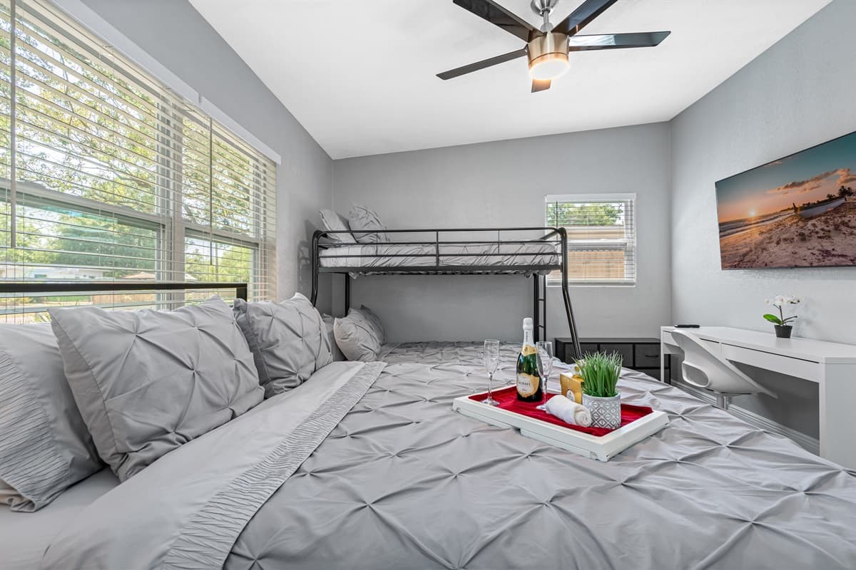 Our cozy and comfortable room, complete with a queen size bed and a bunk bed!