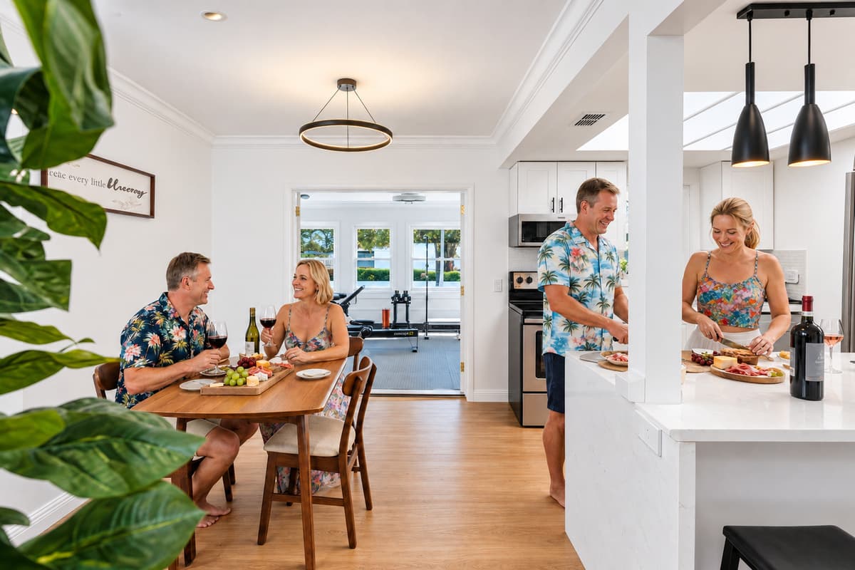 Family dining together in the bright, open kitchen and dining area.
