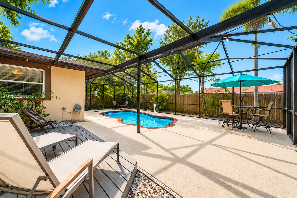 Inviting pool deck with lounge chairs, outdoor dining space, and tropical surroundings.