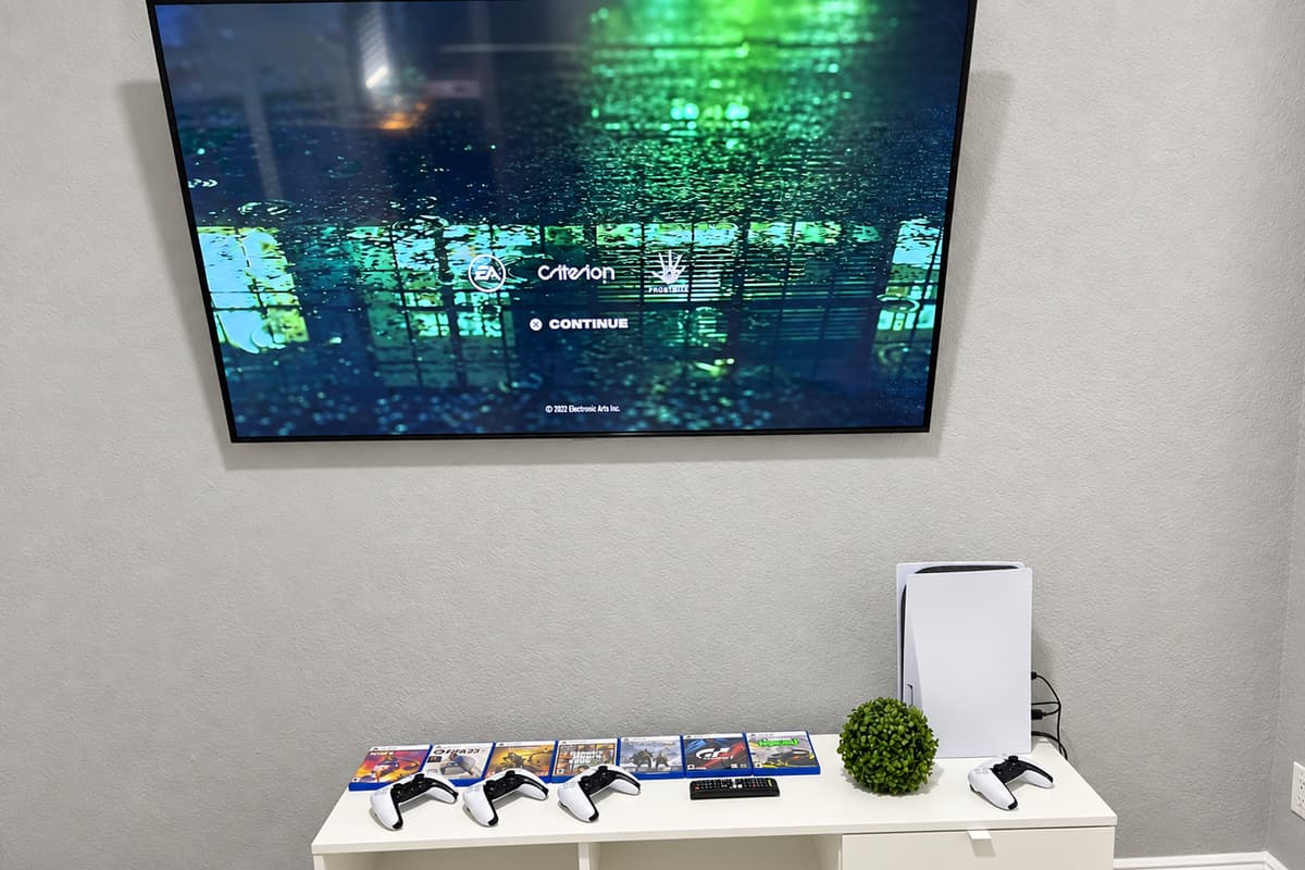 Press start on vacation. The PS5 and big screen are ready the moment you arrive. Game nights are part of the stay. Four controllers included for multiplayer fun.