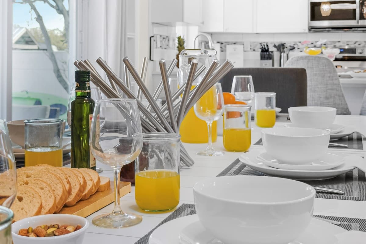Gather around the dining table for family meals with seating for the whole group.