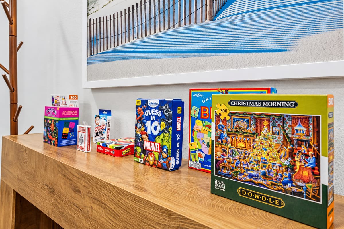 Family-friendly game selection available for guests—great for fun nights in 
Games shown are for guest use; arrangement may vary.
