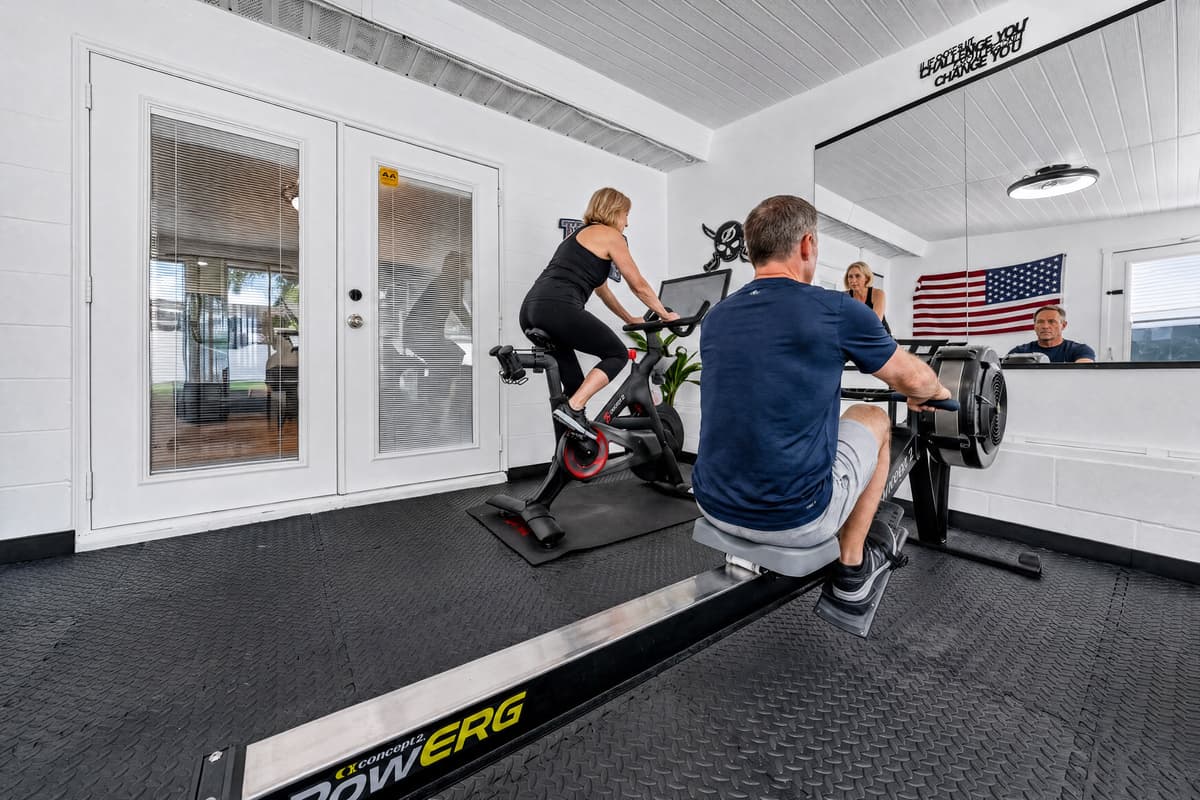 Stay active during your stay with the private home gym, complete with a rowing machine, stationary bike, bench press, and free weights.