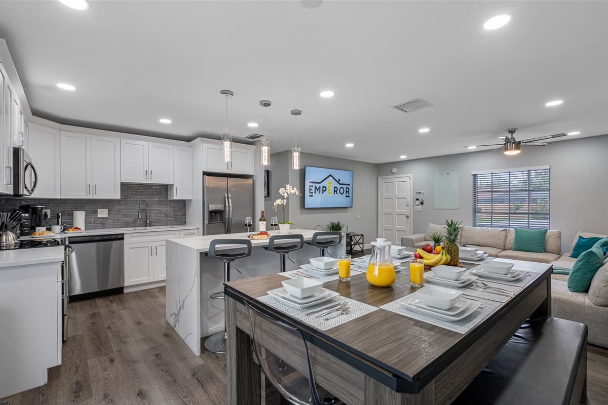 This stunning dinning table seats 8 people. Enjoy  home cooked food straight from the stove or oven while reminiscing happy memories with family and friends. If you like this property, Feel free to send us an inquiry.