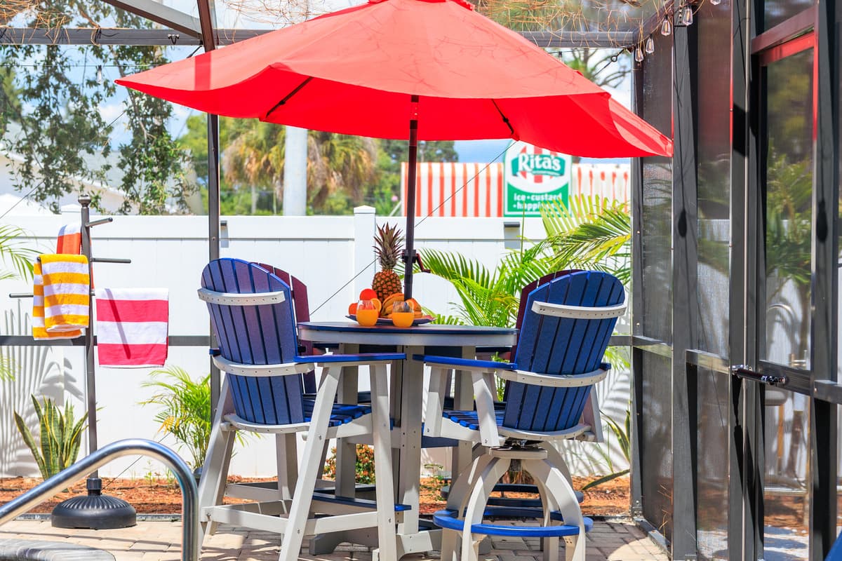 Screened-in pool and outdoor lounge space.