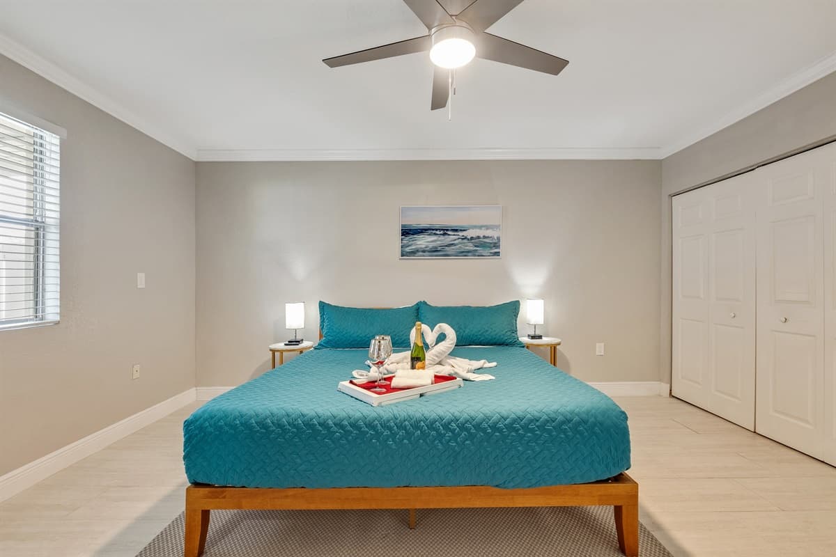 The closet adds a practical touch to the room, allowing you to unpack and settle in comfortably.