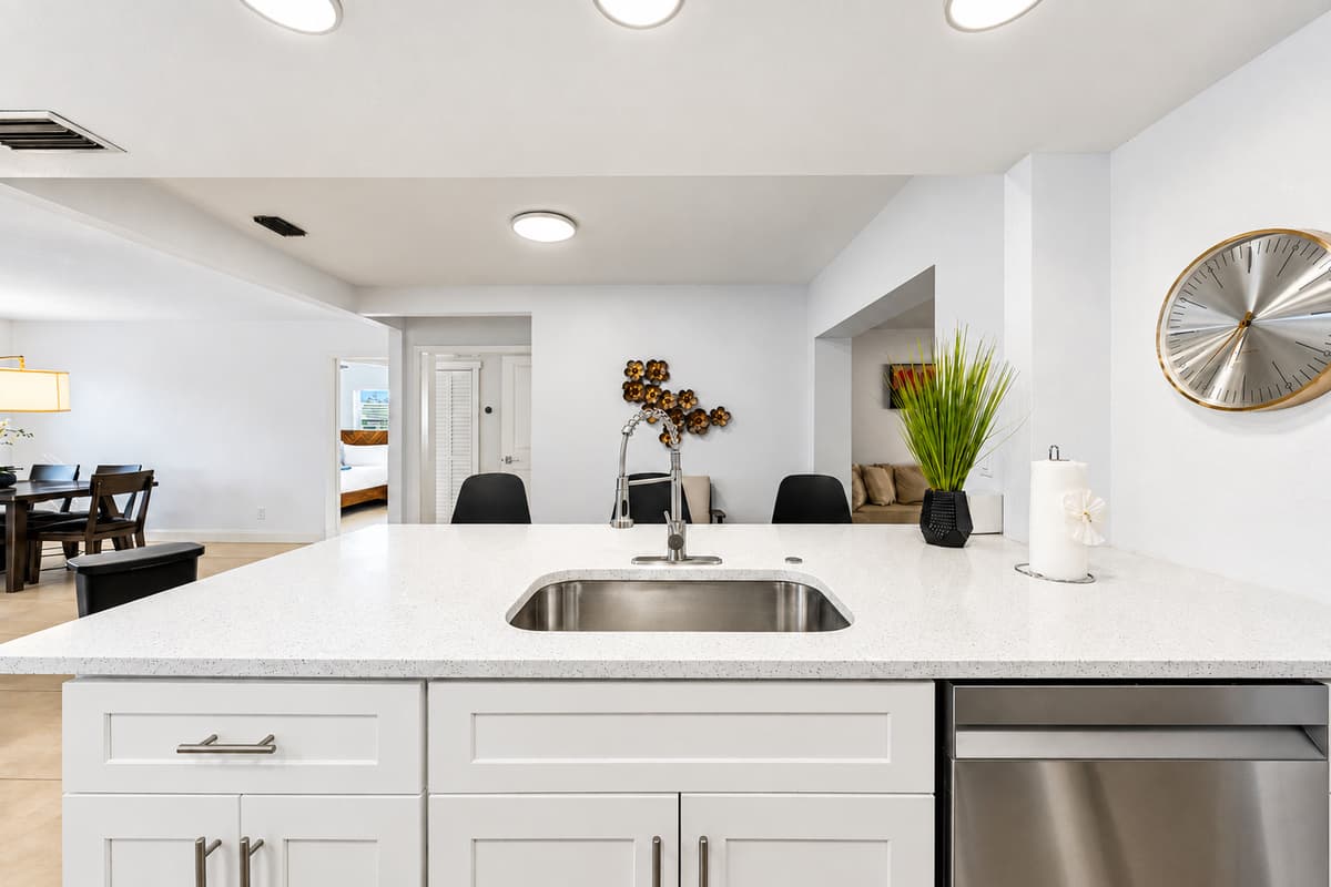 Spacious kitchen with oversized countertops, modern finishes, and ample prep space.