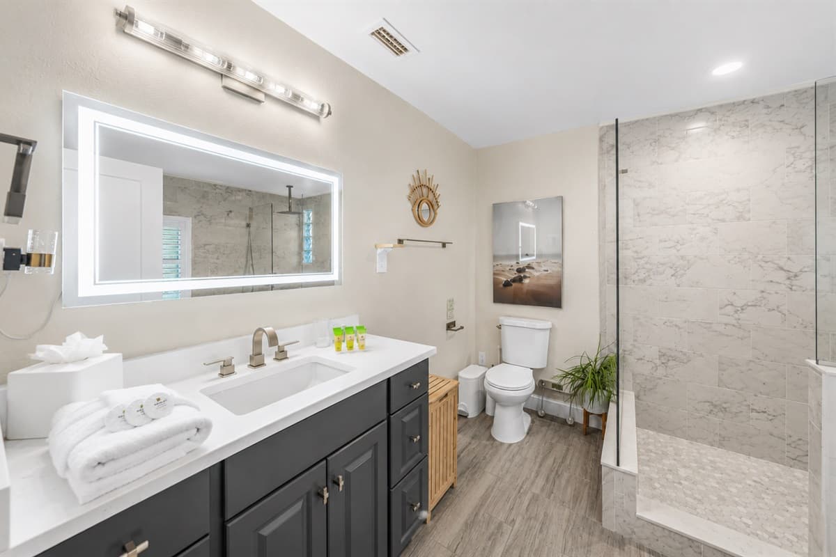 Elegant primary bathroom featuring double vanity sinks, modern finishes, and a spacious walk-in shower.