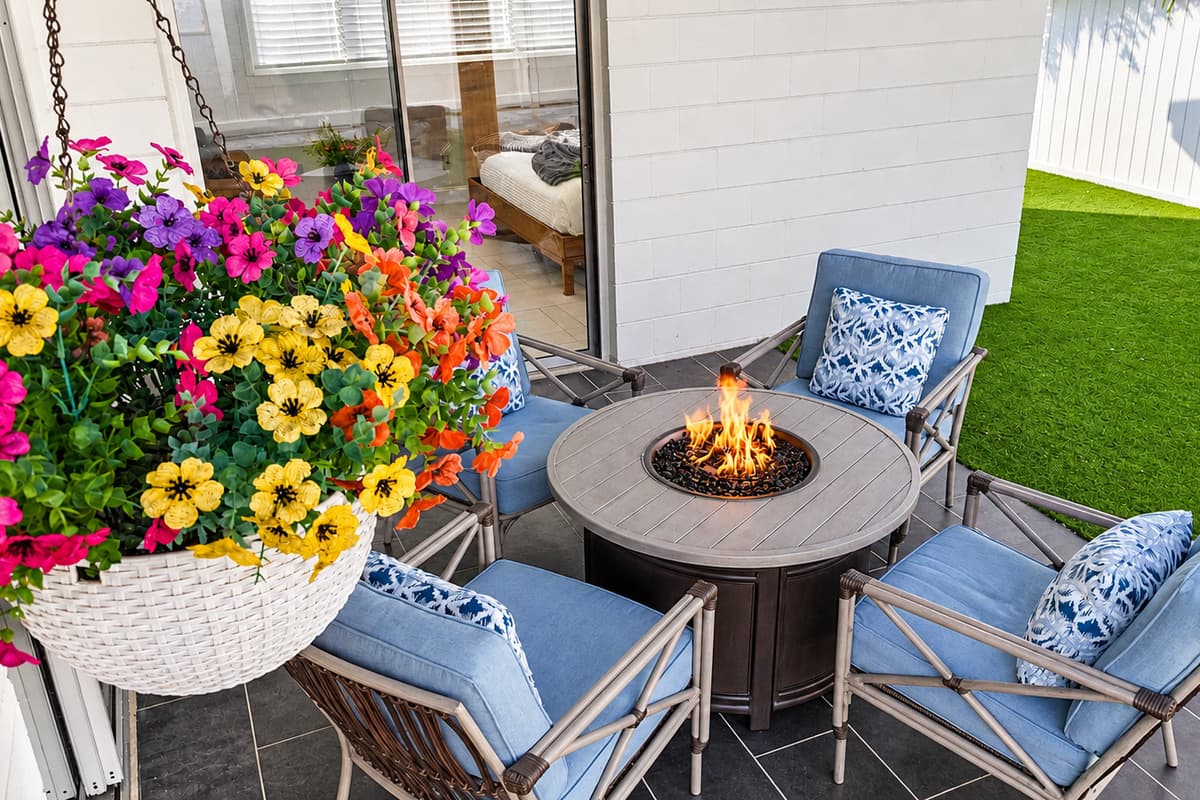 Charming outdoor patio with colorful floral décor and cozy fire table seating.