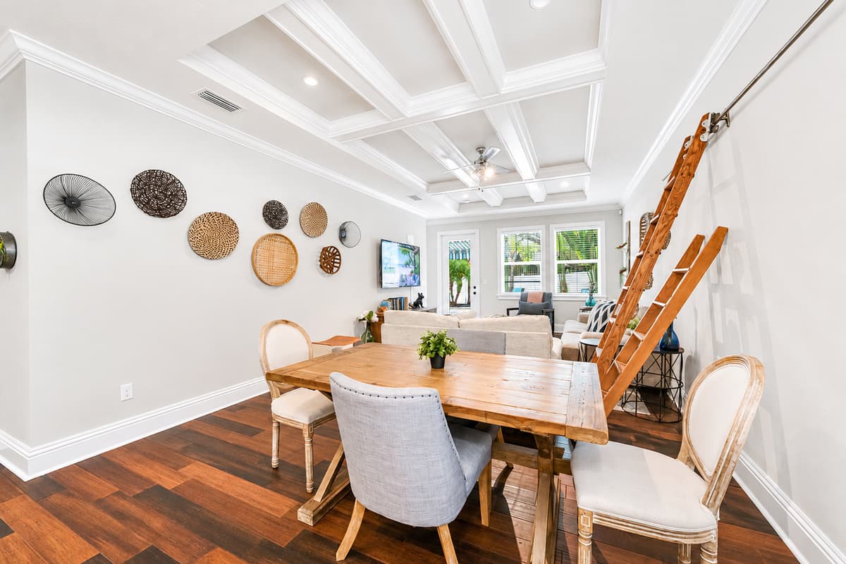 Gather around the large dining table, perfect for family meals, game nights, or celebrating special occasions.