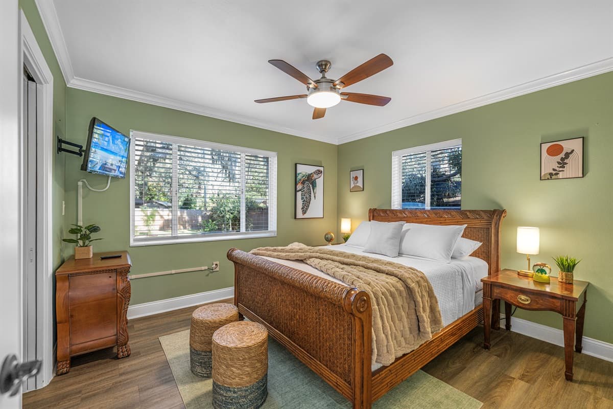 This thoughtfully styled bedroom offers a queen-size bed and a calm space for rest and recharge.