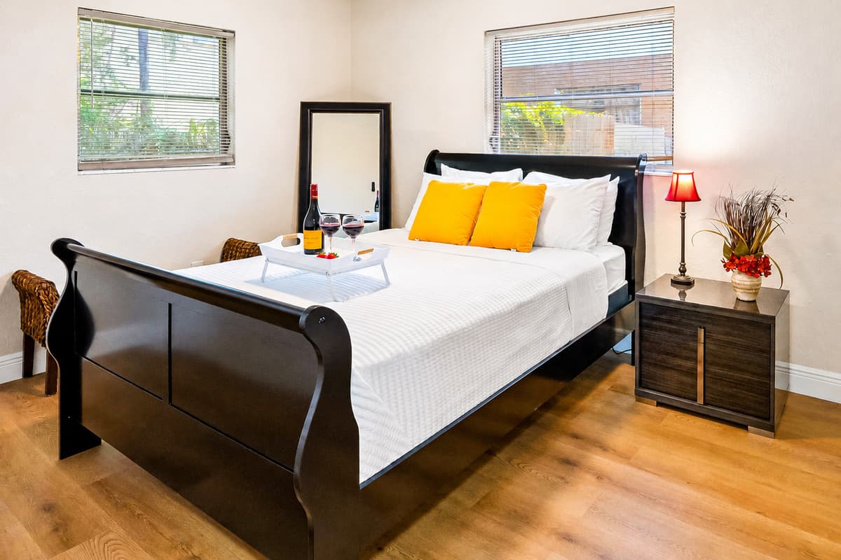 This bedroom offers the comfort and privacy you need to feel right at home.