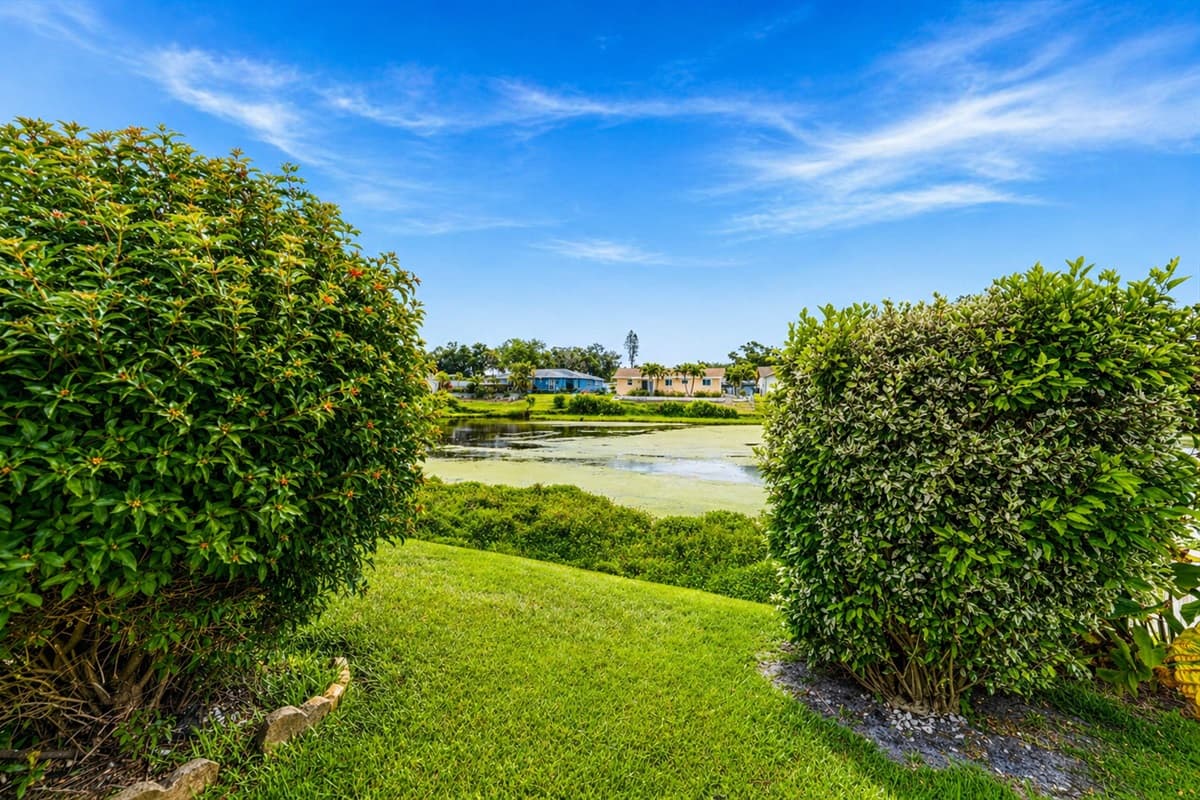 Beautiful landscaped greenery leading to peaceful water views just beyond the yard.